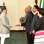 H.E. Dr. Arjun Kumar Karki presents the Letters of Credence to the President of Guyana David Granger, during the ceremony held at State House, Georgetown, Guyana on January 11, 2017.