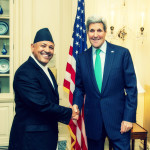 H.E Ambassador Dr. Arjun Kumar Karki shakes hands with the U.S. Secretary of State John F. Kerry during a discussion on Bilateral issues on Nepal U.S. relations.