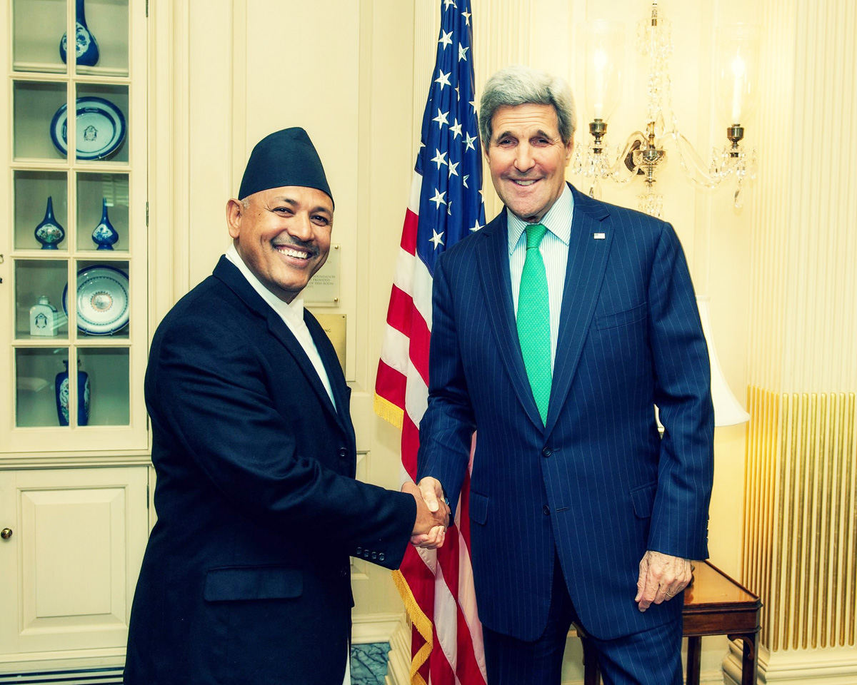H.E-Ambassador-Dr.-Arjun-Kumar-Karki-discussing-bi-lateral-issues-on-Nepal-U.S.-relations-with-the-U.S.-Secretary-of-State-John-F.-Kerry