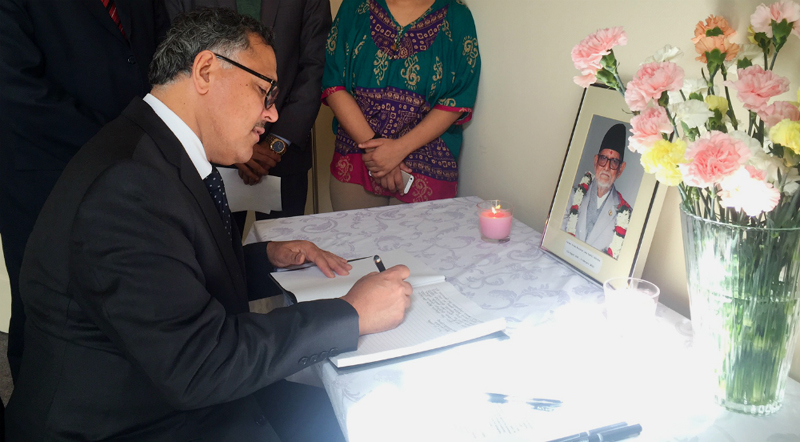 H.E Ambassador Dr. Arjun Kumar Karki pays homage to Former Prime Minister and the President of Nepali Congress Late Sushil Koirala by writing in condolence book at the Embassy. Feb 11, 2016.